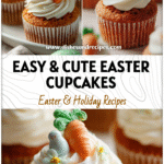 Cute Easter Carrot Cake Cupcakes topped with simple frosting and Easter-themed decorations.
